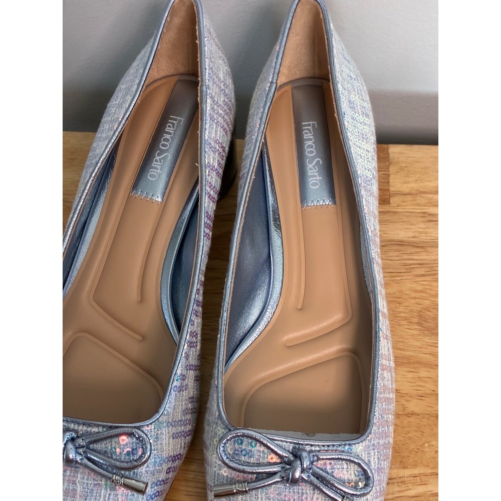 Franco Sarto Natalia2 Light Blue Sequin Tweed Block Heel Bow Pumps 9M - Picture 14 of 16